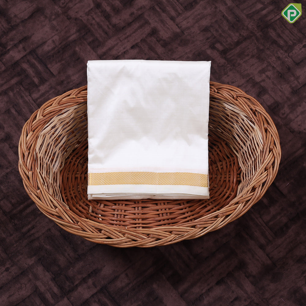 Cream White Gold Zari 40 Kuligai 8 Muzham Pure Silk Dhothi Pattu Vesti