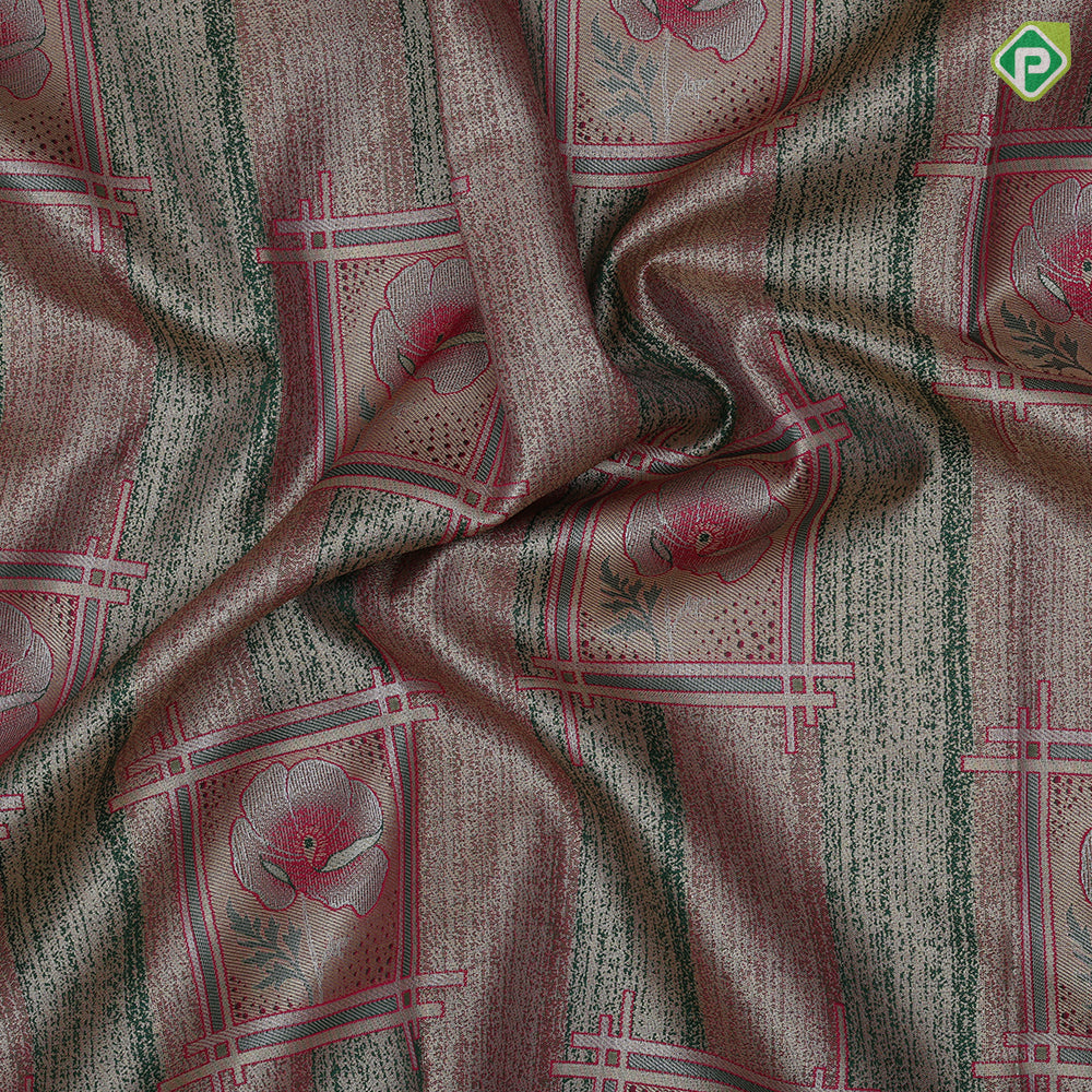 green base pastel red frame flower design self color gold zari grand border tissue art silk saree