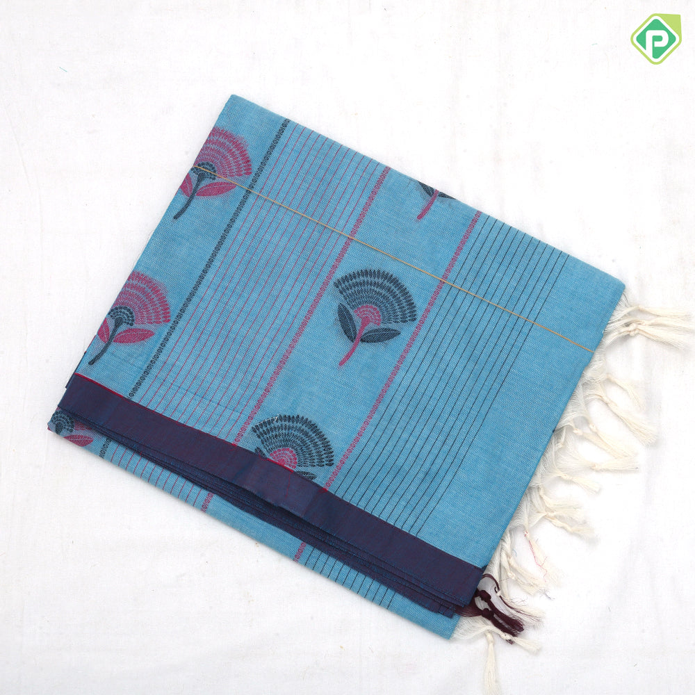 Neutral color Fancy flowers and thread lines contrast dark border soft cotton saree