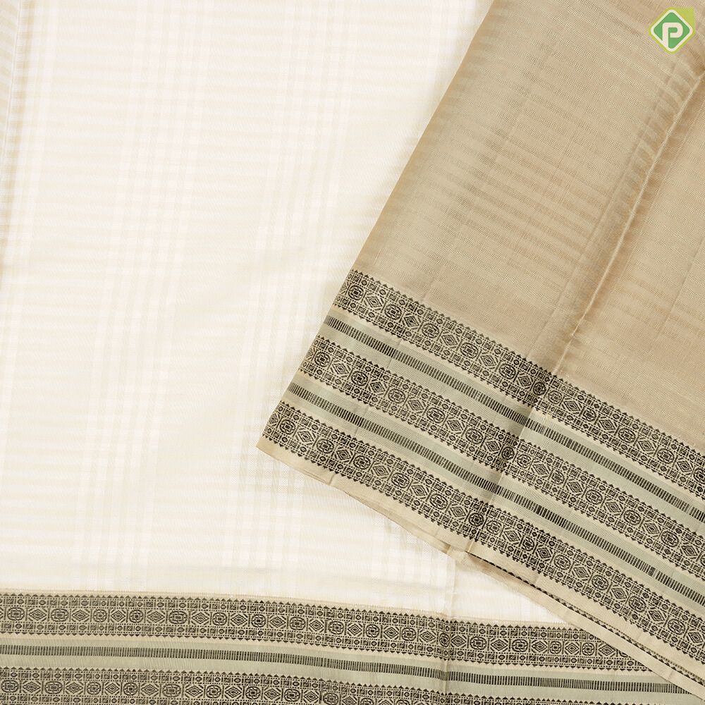 Creamy Sandal With Milk White Checks And Olive Green Silk Thread Border Traditional Silk Saree