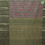 green base pastel red frame flower design self color gold zari grand border tissue art silk saree