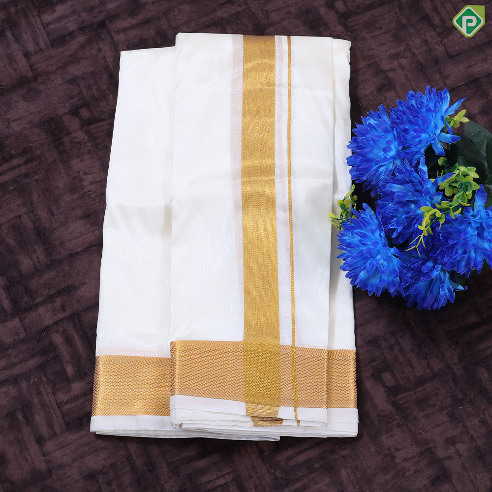 Cream White Gold Zari Border 80Kuligai Asha Silk 8*4 Dhoti