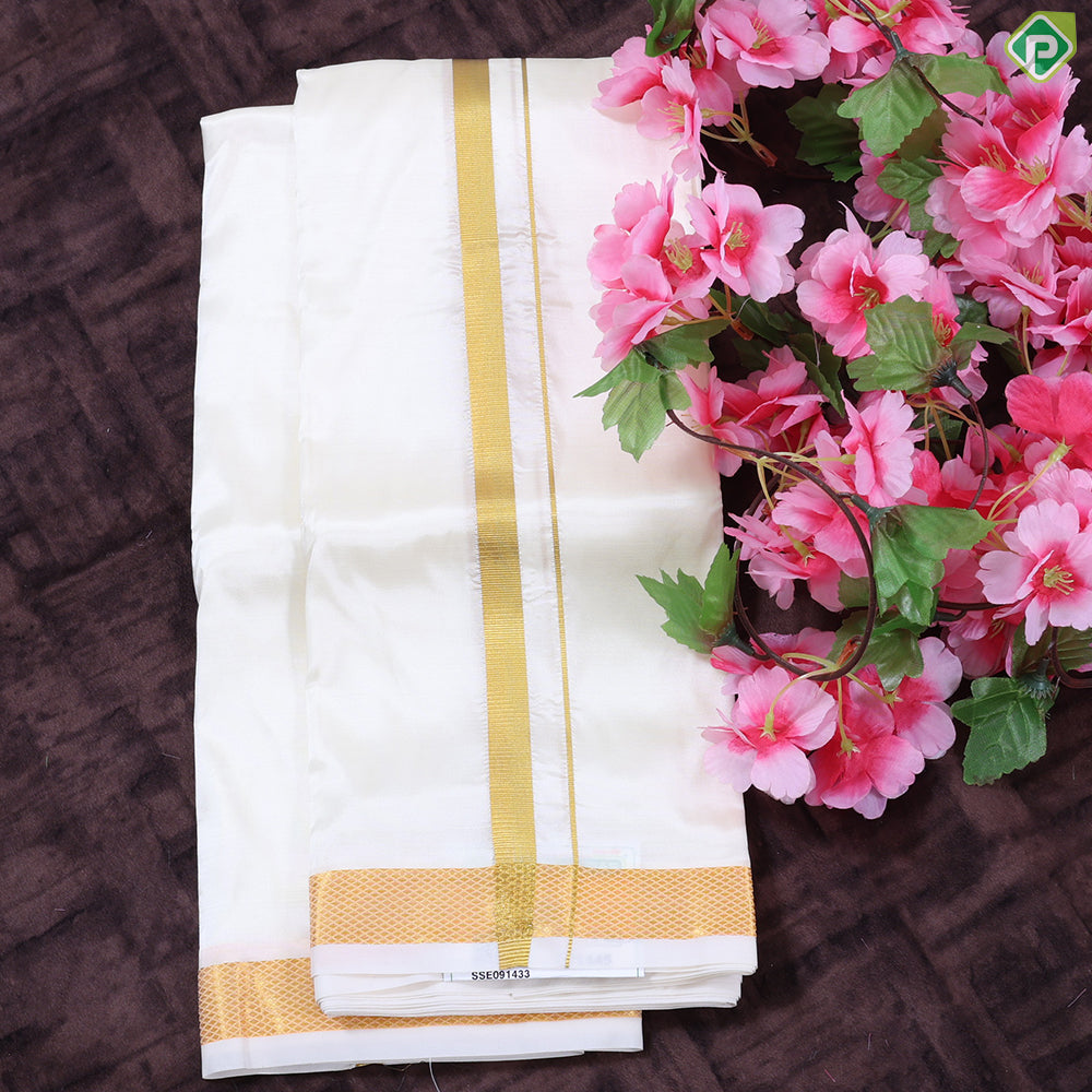 Cream White Gold Zari Border 8 Muzham 60 Kuligai Pure Mix Silk Dhoti