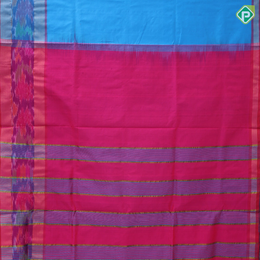 Darker Shade plain body design contrast zari padded ikkat border 10 yards silk cotton saree