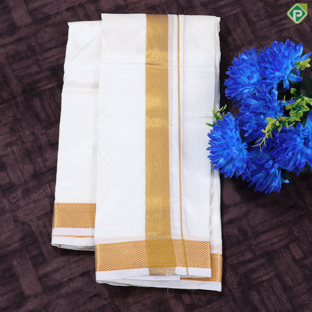 Cream White Gold Zari Border 120Kuligai Asha Silk 8*4 Dhoti