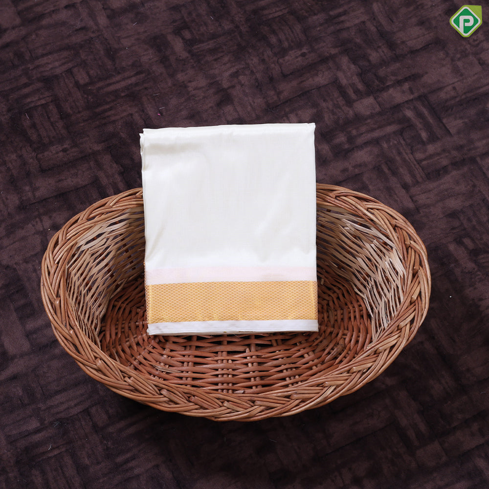 Cream White Gold Zari Border 8 Muzham 80 Kuligai Pure Mix Silk Dhoti