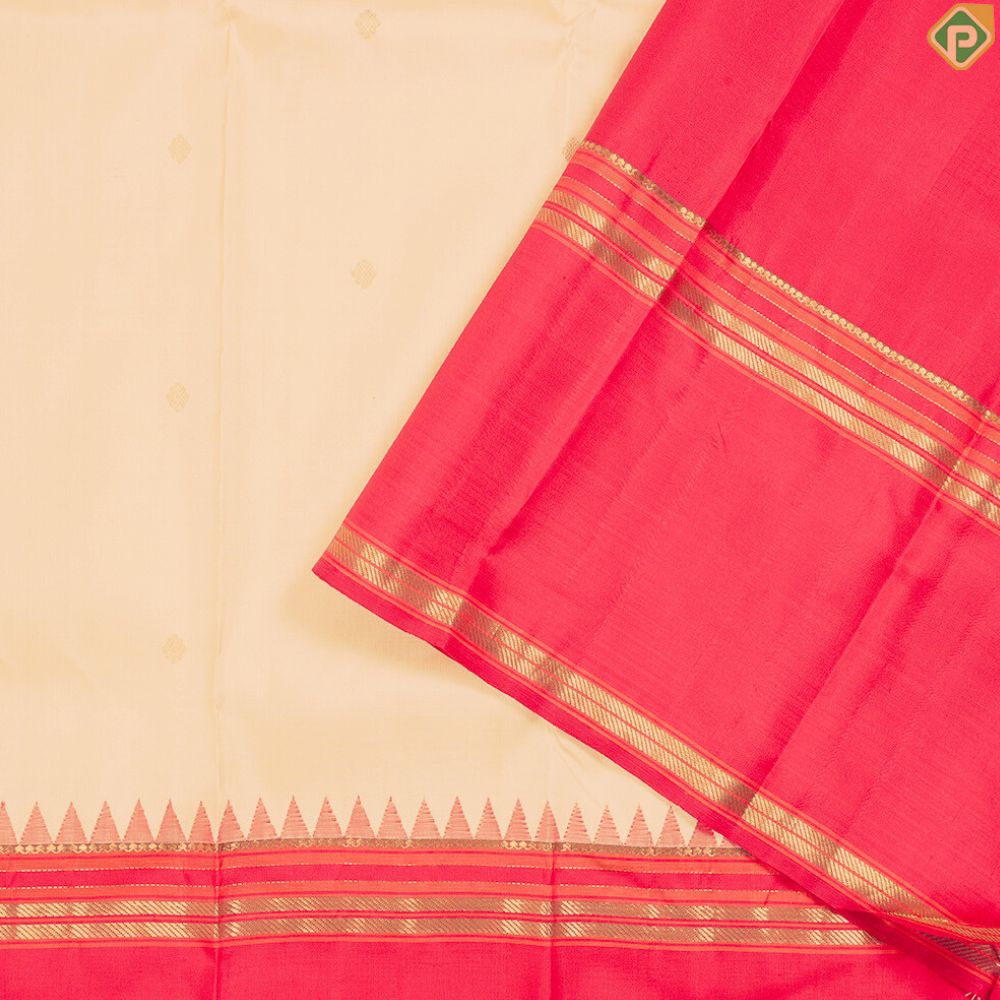 Beige And Gold Zari Diamond Butta Design With Contrast Rani Red Gold Zari Retta Pattai Border Traditional Silk Saree