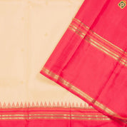 Beige And Gold Zari Diamond Butta Design With Contrast Rani Red Gold Zari Retta Pattai Border Traditional Silk Saree