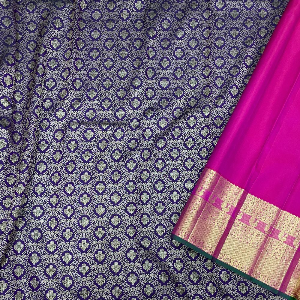 Purple Blue Single Line Peacock Border Grand Bridal Silk Saree