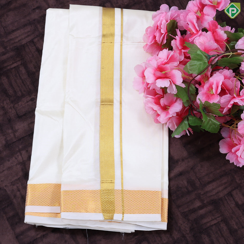 Cream White Gold Zari Border 8 Muzham 80 Kuligai Pure Mix Silk Dhoti