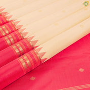 Beige And Gold Zari Diamond Butta Design With Contrast Rani Red Gold Zari Retta Pattai Border Traditional Silk Saree