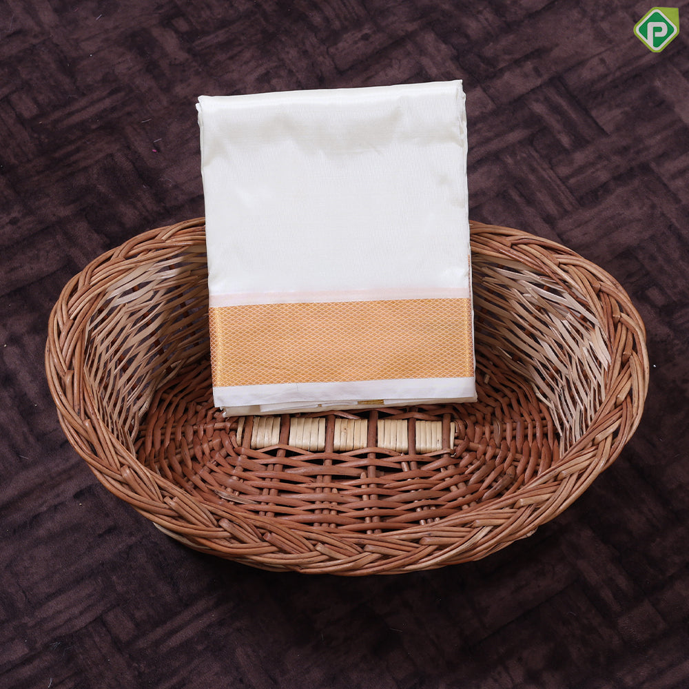 Cream White Gold Zari Border 8 Muzham 120 Kuligai Pure Mix Silk Dhoti