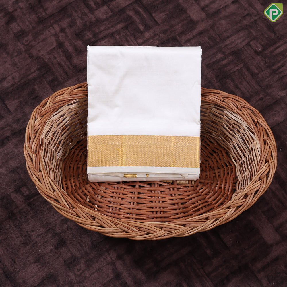 Cream White gold zari 100 Kan 8 Muzham Pure Silk Dhothi pattu Vesti