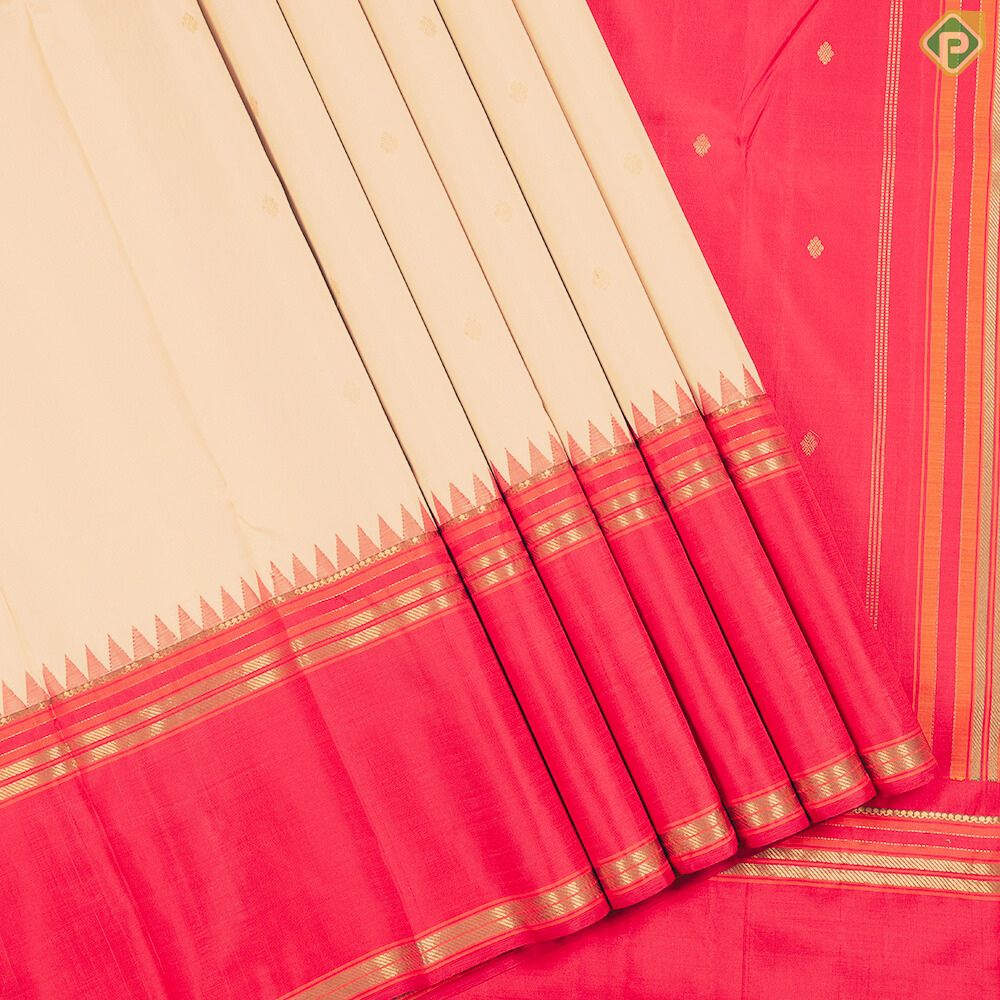 Beige And Gold Zari Diamond Butta Design With Contrast Rani Red Gold Zari Retta Pattai Border Traditional Silk Saree