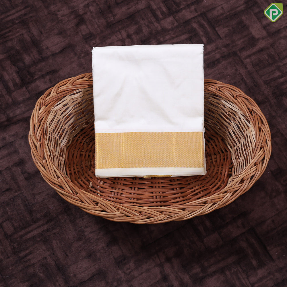 Cream White gold zari 120 Kan 8 Muzham Pure Silk Dhothi pattu Vesti