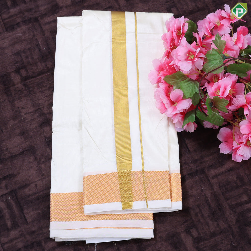 Cream White Gold Zari Border 8 Muzham 120 Kuligai Pure Mix Silk Dhoti
