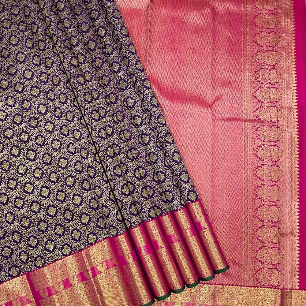 Purple Blue Single Line Peacock Border Grand Bridal Silk Saree