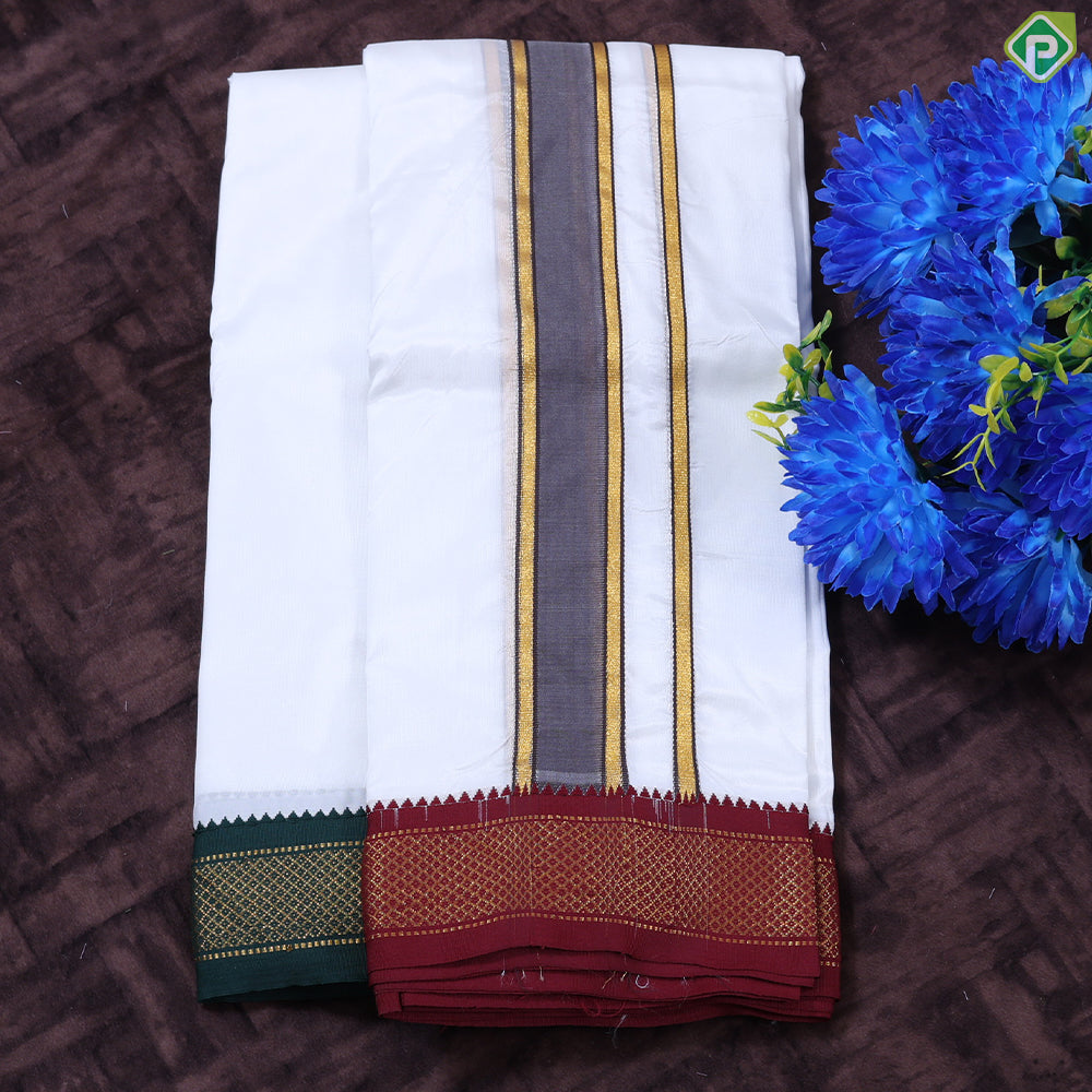 Cream White Ganga Jamuna Gold Zari 7 Kan Border Asha Silk 8*4 Dhoti