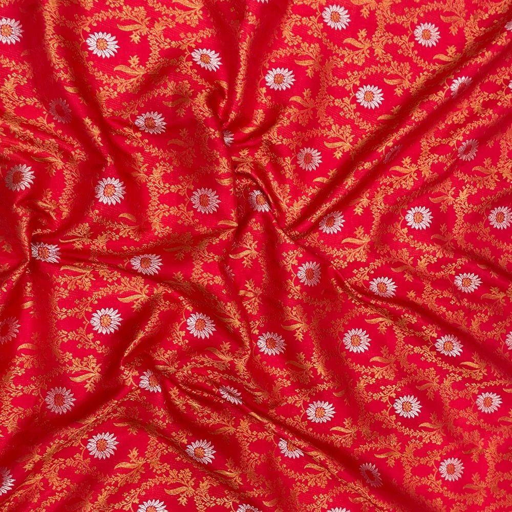 Chilly Red Self Colour With Gold Zari With Green Thread Meena Work Grand Border Exclusive Bridal Silk Saree
