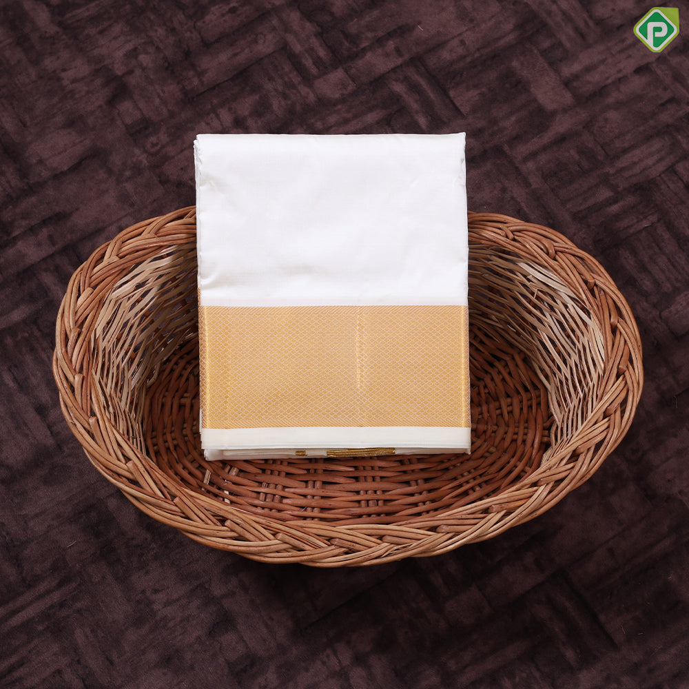 Cream White gold zari 160 Kan 8 Muzham Pure Silk Dhothi pattu Vesti