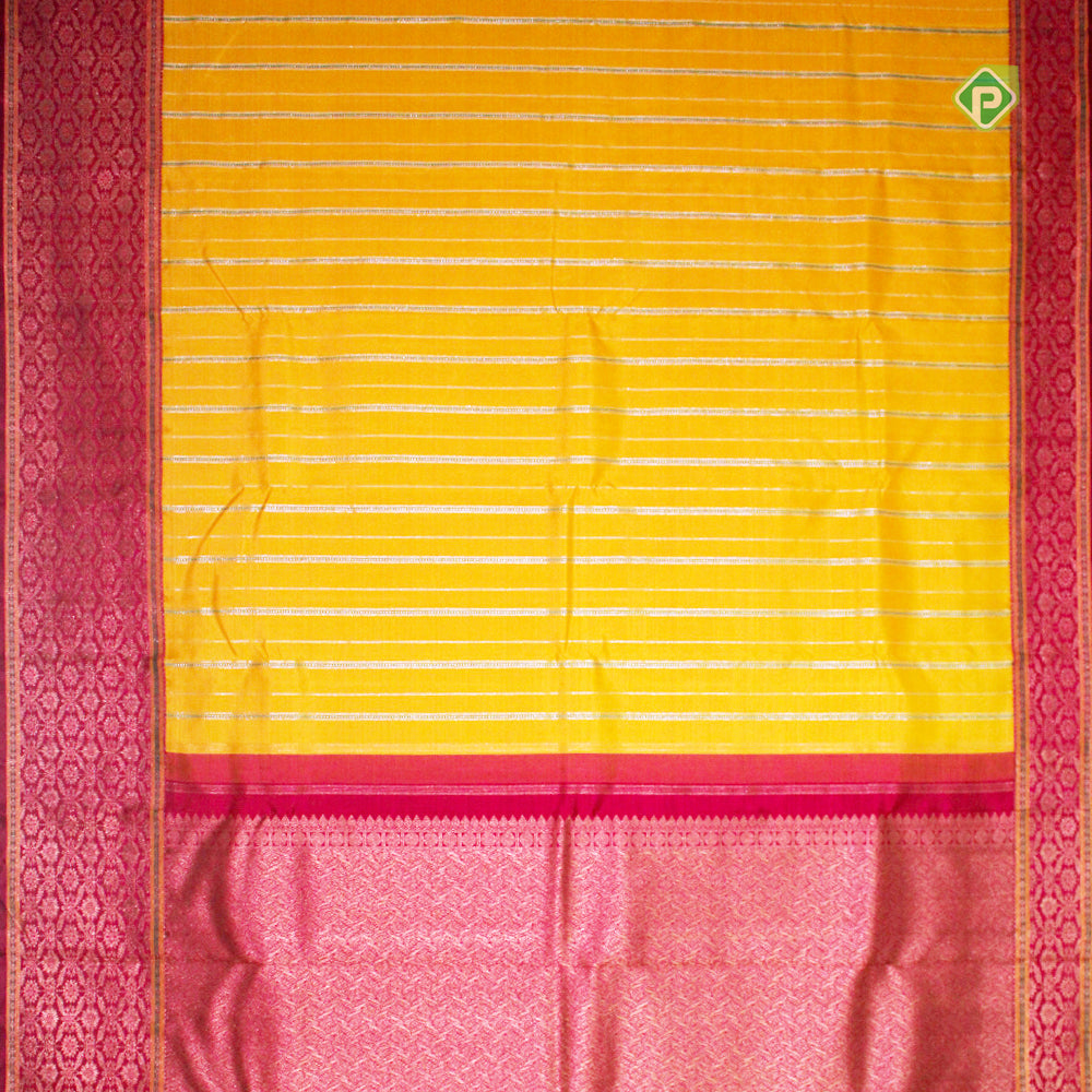 Cyber Yellow Floral And Leaf Border Pure Traditional Silk Saree