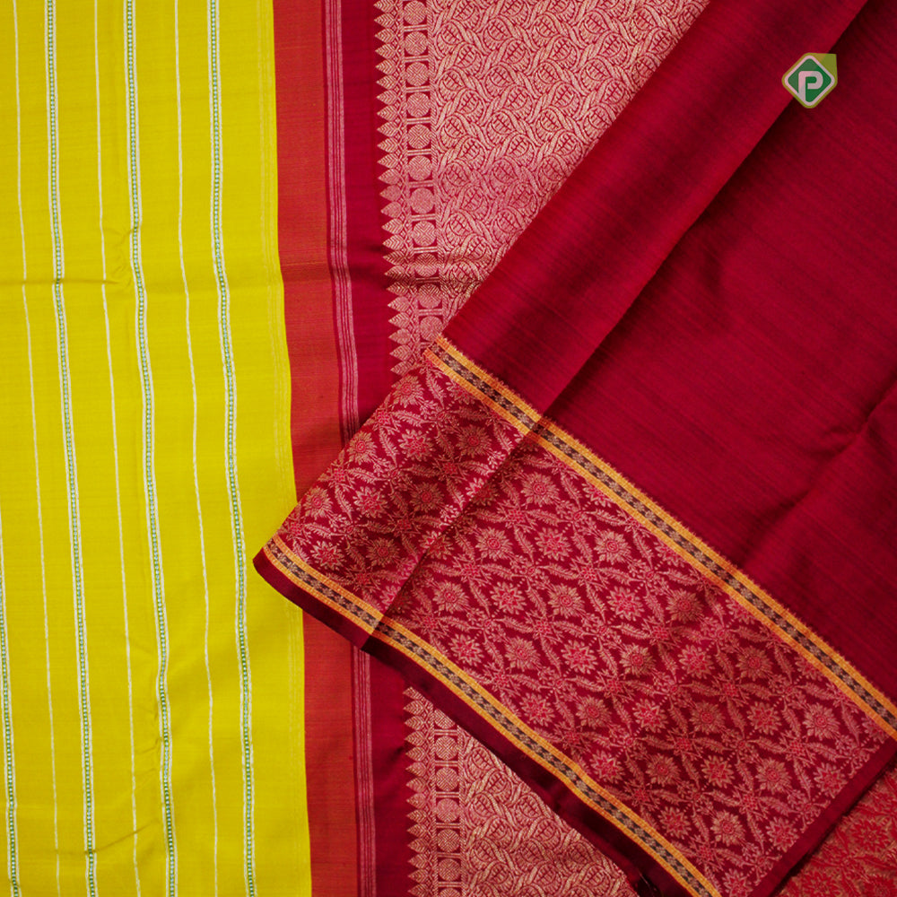 Cyber Yellow Floral And Leaf Border Pure Traditional Silk Saree