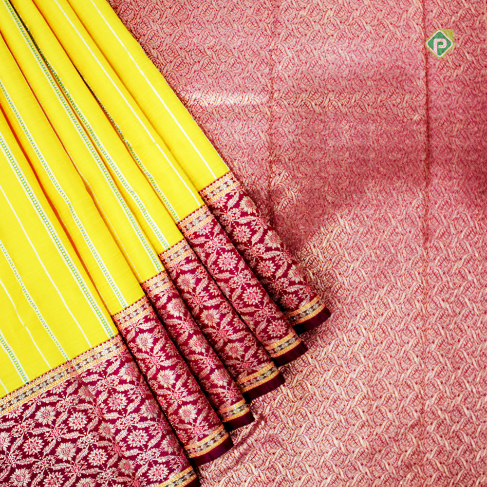 Cyber Yellow Floral And Leaf Border Pure Traditional Silk Saree