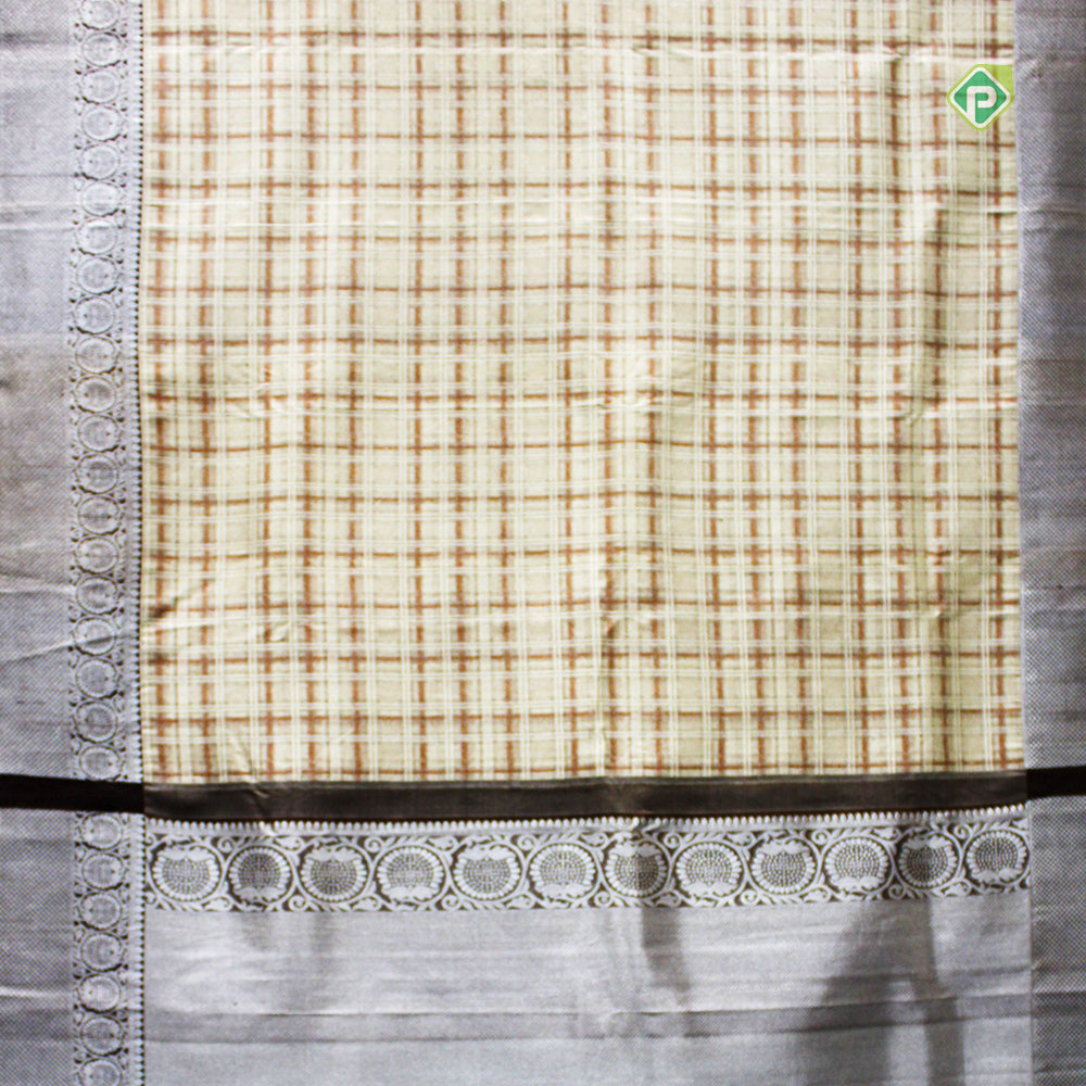 Creamy Sandal Floral And Button Border Pure Trendy Design Silk Saree