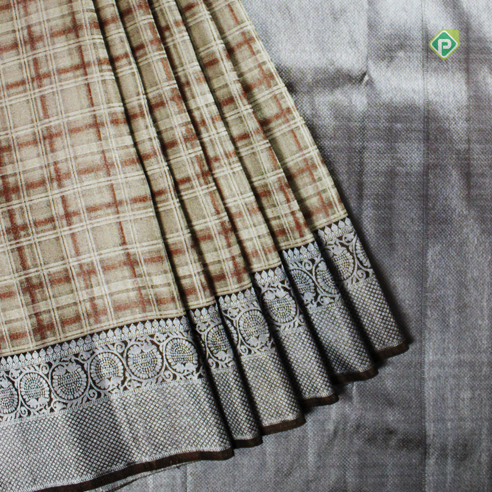 Creamy Sandal Floral And Button Border Pure Trendy Design Silk Saree