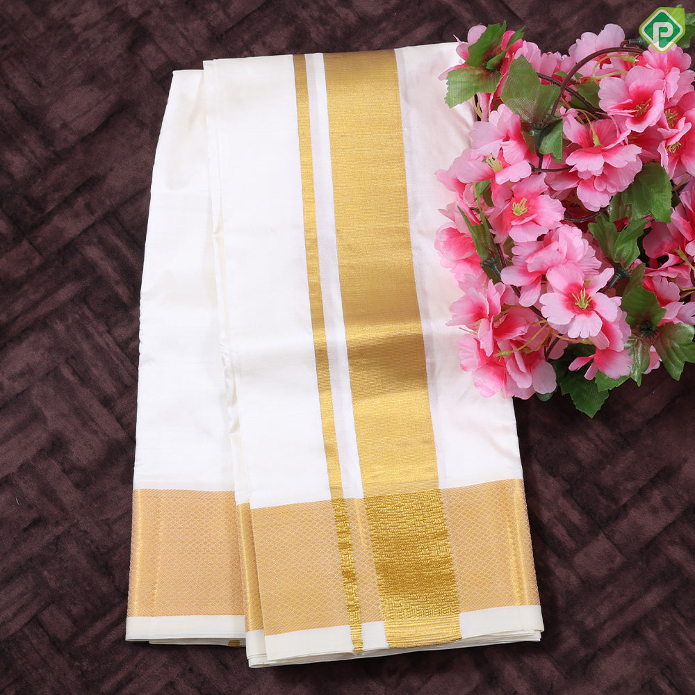 Cream White gold zari 160 Kan 8 Muzham Pure Silk Dhothi pattu Vesti