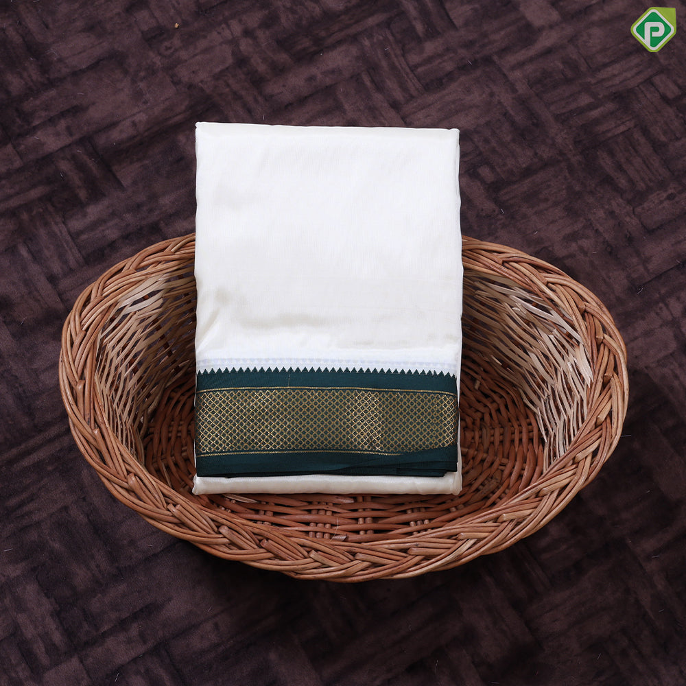 Cream White Ganga Jamuna Gold Zari 9 Kan Border Asha Silk 8*4 Dhoti