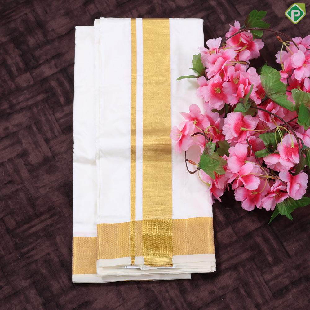 Cream White gold zari 120 Kan 8 Muzham Pure Silk Dhothi pattu Vesti