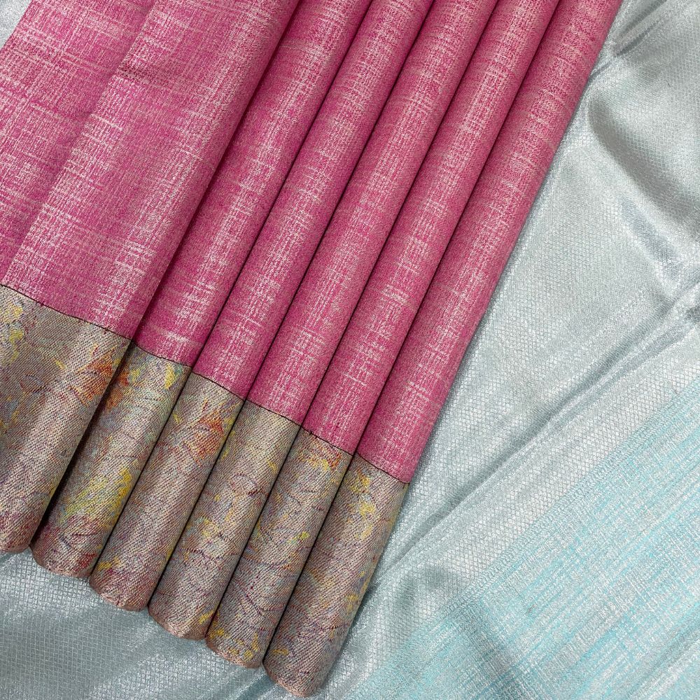 Powder Pink Art Effect Design Border Exclusive Tissue Silk Saree
