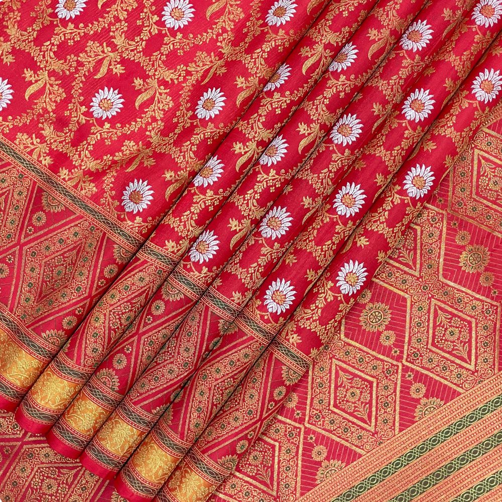 Chilly Red Self Colour With Gold Zari With Green Thread Meena Work Grand Border Exclusive Bridal Silk Saree