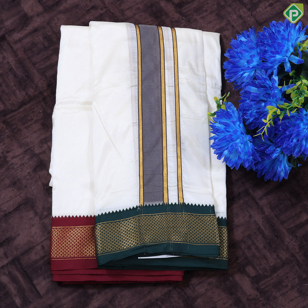Cream White Ganga Jamuna Gold Zari 9 Kan Border Asha Silk 8*4 Dhoti