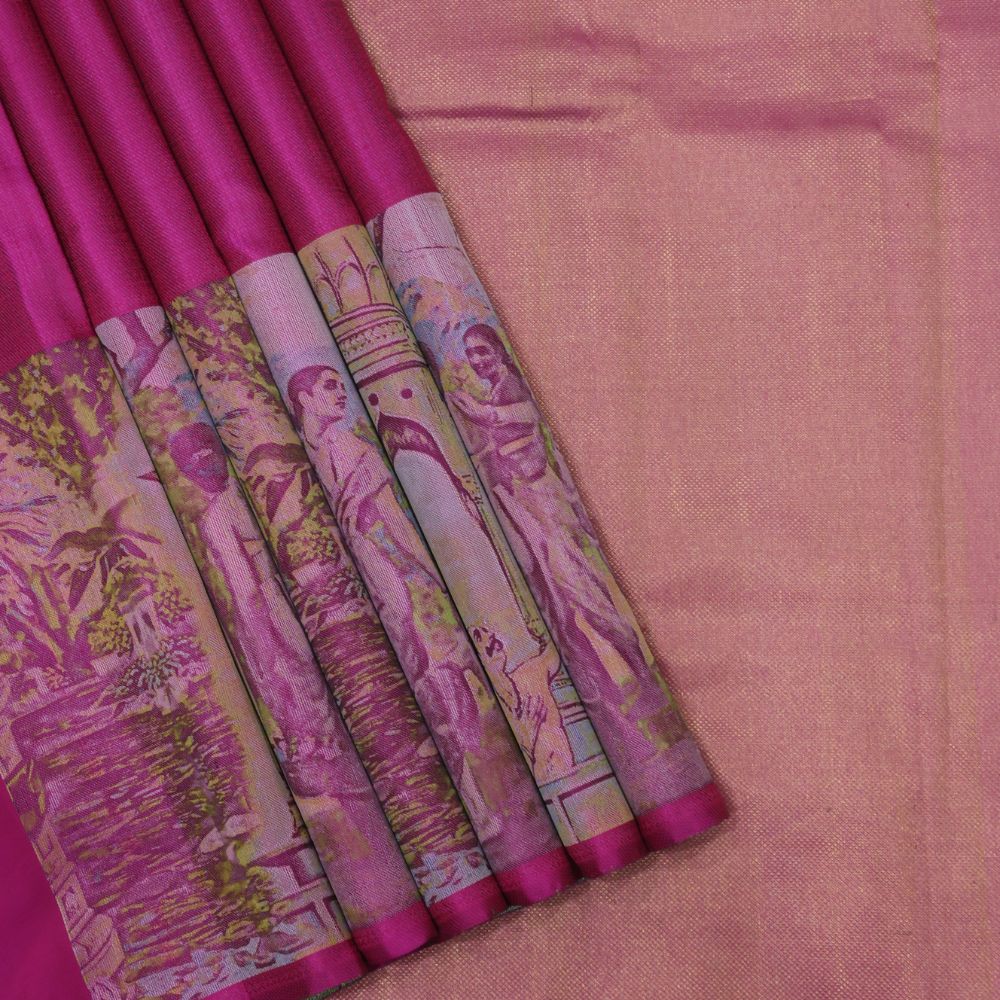 Rani pink full body soft thread weaved Nala Thamayanthi painting Art effect border signature silk saree