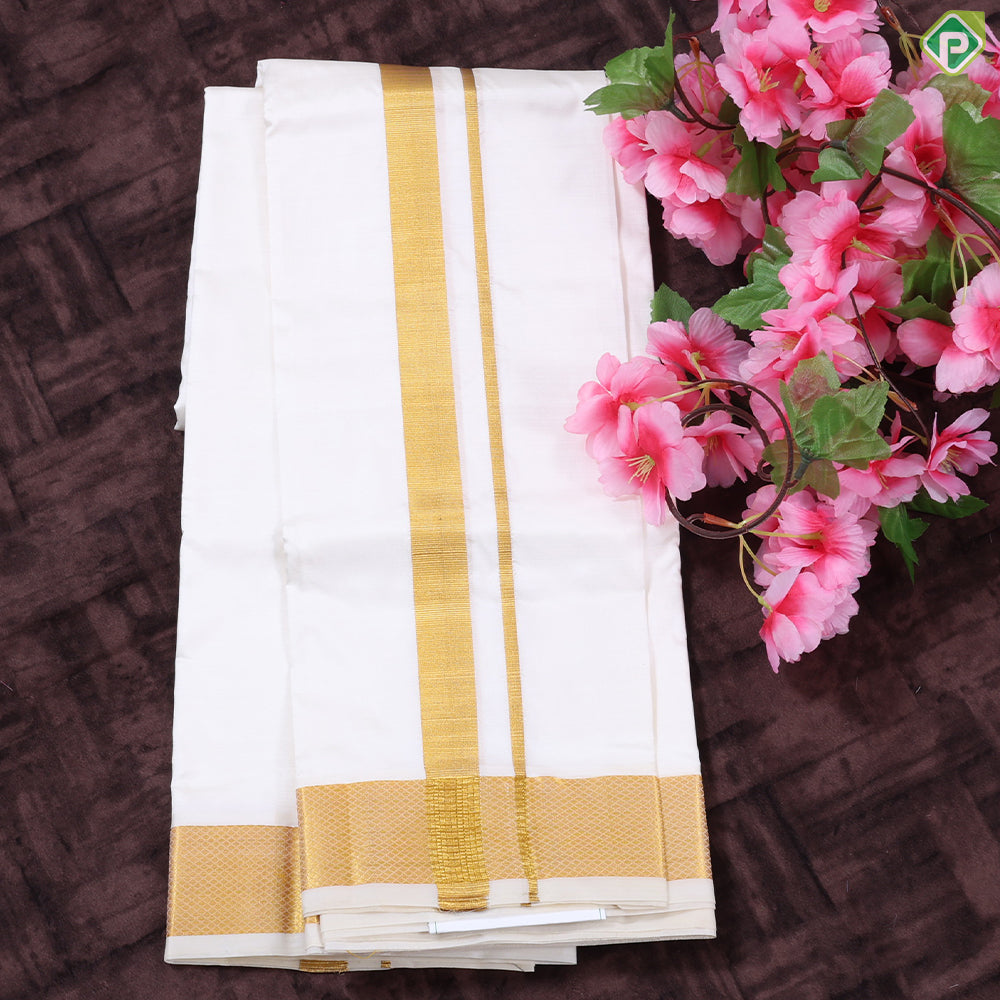 Cream White gold zari 100 Kan 8 Muzham Pure Silk Dhothi pattu Vesti