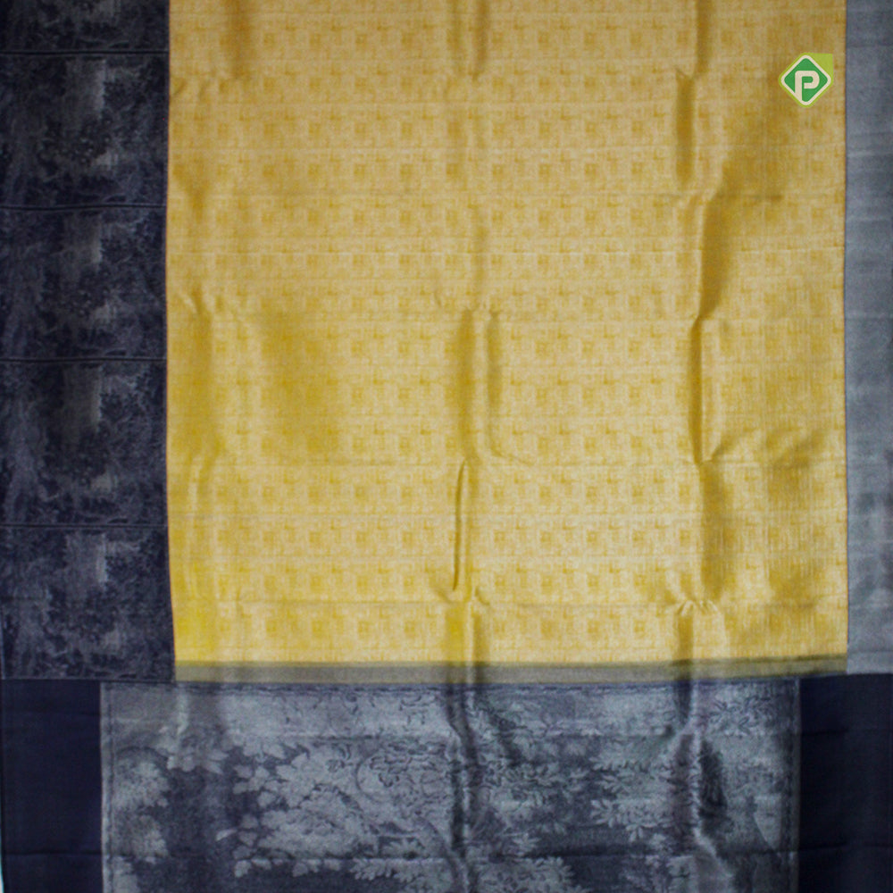 Mustard Gold With Blueish Grey With Silver Zari Fancy Border Pure Trendy Design Silk Saree