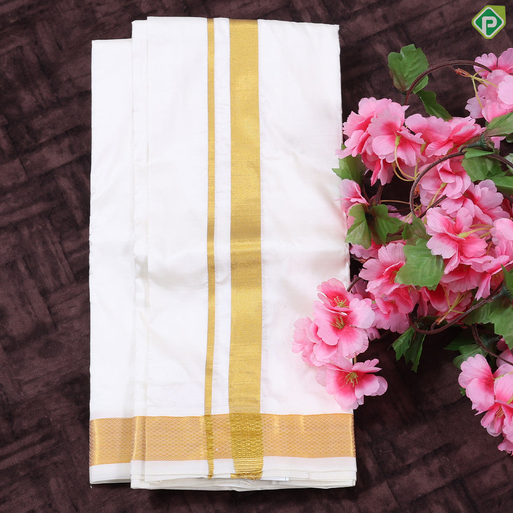 Cream White gold zari 80 Kan 8 Muzham Pure Silk Dhothi pattu Vesti