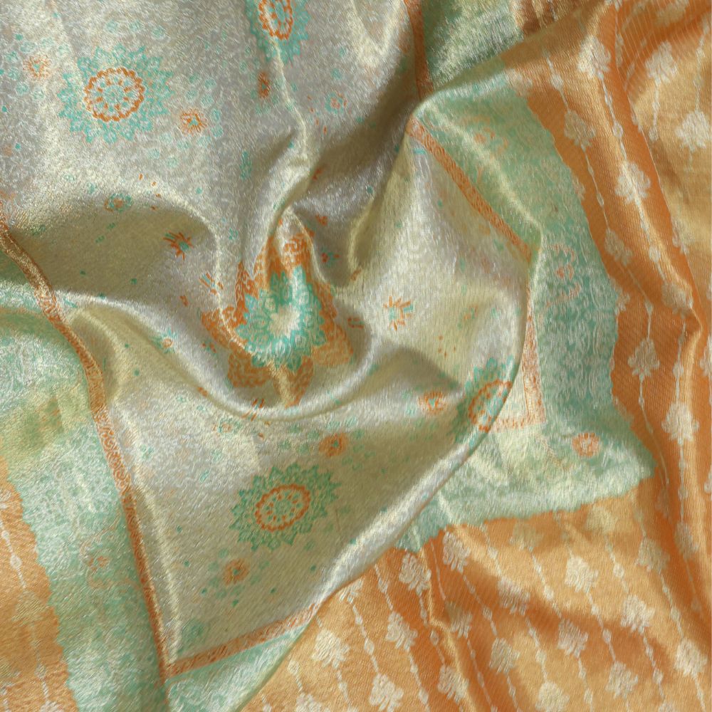 Dark orange silver zari beads flower self silver zari meena work border grand bridal tissue silk saree