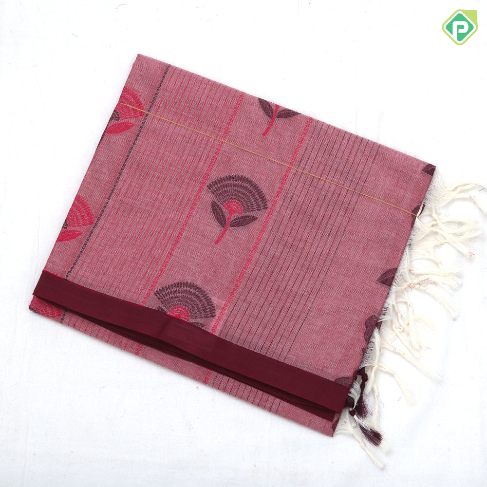Neutral color Fancy flowers and thread lines contrast dark border soft cotton saree