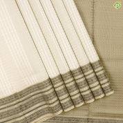 Creamy Sandal With Milk White Checks And Olive Green Silk Thread Border Traditional Silk Saree