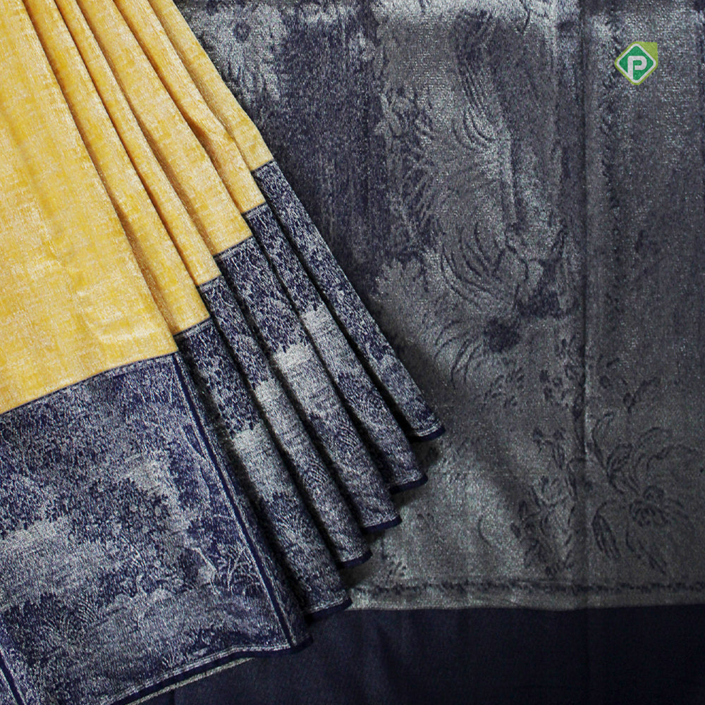Mustard Gold With Blueish Grey With Silver Zari Fancy Border Pure Trendy Design Silk Saree