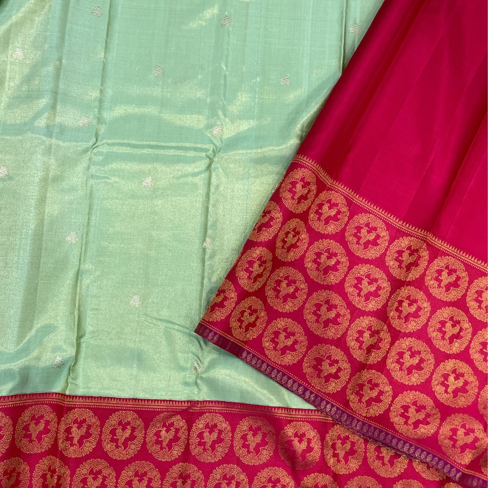 Pista Green Double Peacock Round Flower Arch Design Border Grand Bridal Tissue Silk Saree