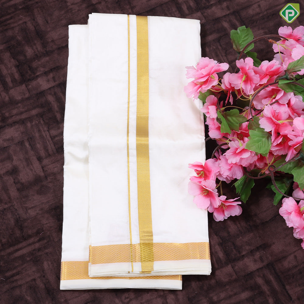 Cream White gold zari 60 Kan 8 Muzham Pure Silk Dhothi pattu Vesti
