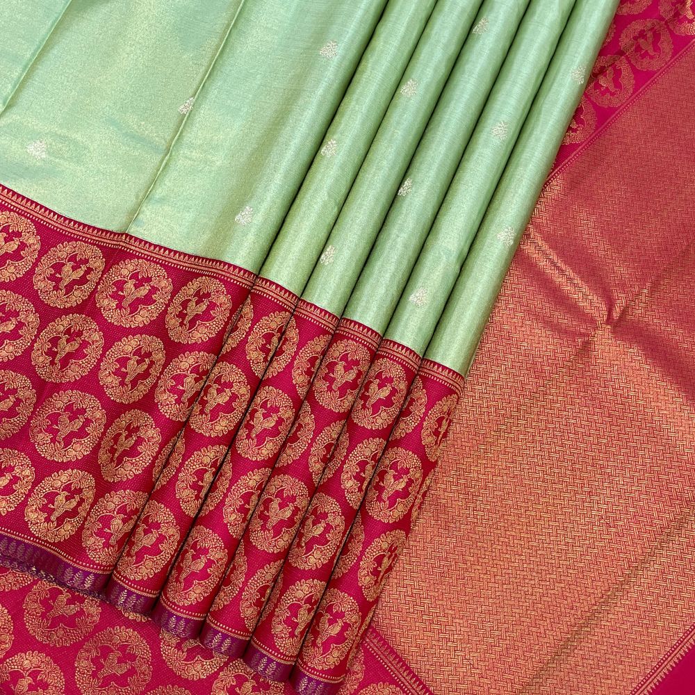 Pista Green Double Peacock Round Flower Arch Design Border Grand Bridal Tissue Silk Saree