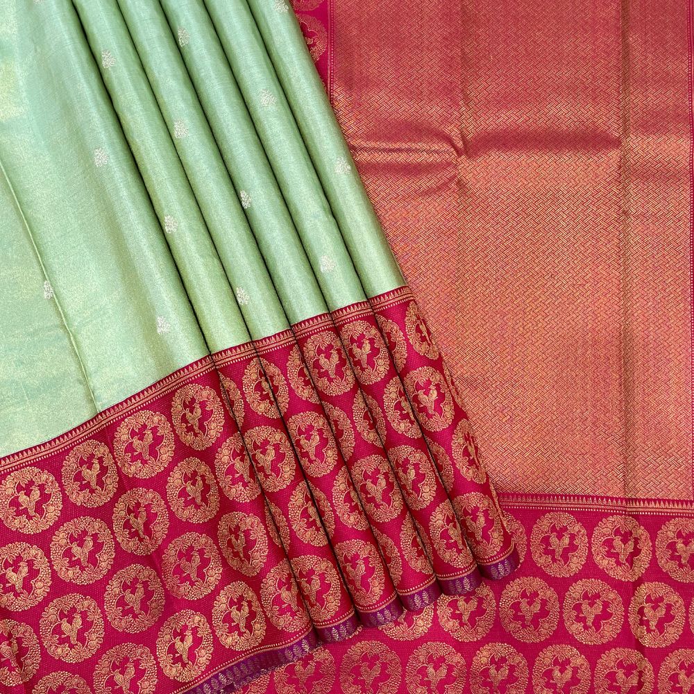 Pista Green Double Peacock Round Flower Arch Design Border Grand Bridal Tissue Silk Saree