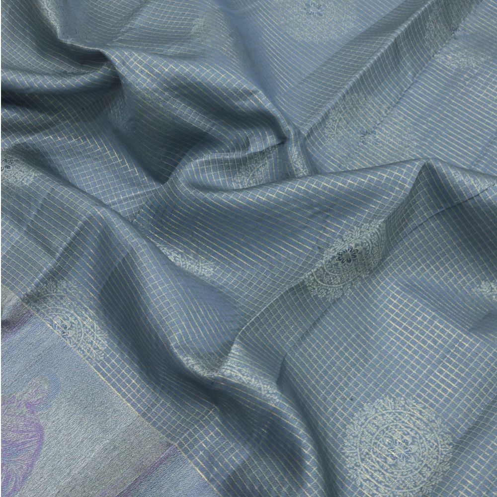 Royal Blue gold zari kattam checked round butta self thamayanthi stading posture art effect painting signature silk saree