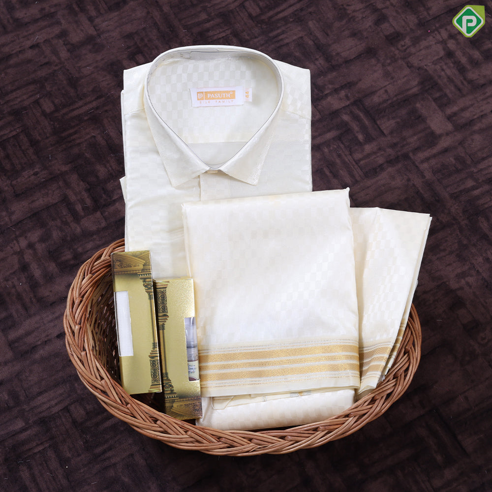 Cream white Self checkered Gold Zari Border Silk Dhoti Readymade Shirt 6 in 1 Set