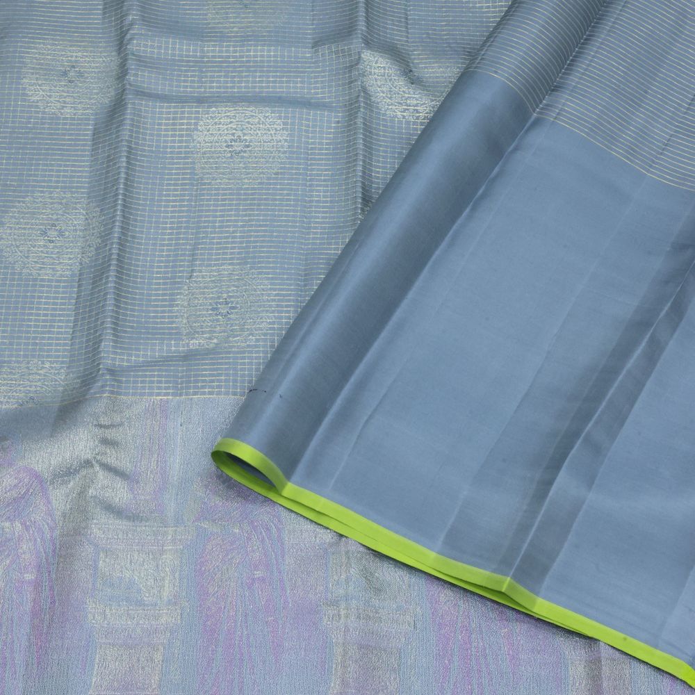 Royal Blue gold zari kattam checked round butta self thamayanthi stading posture art effect painting signature silk saree